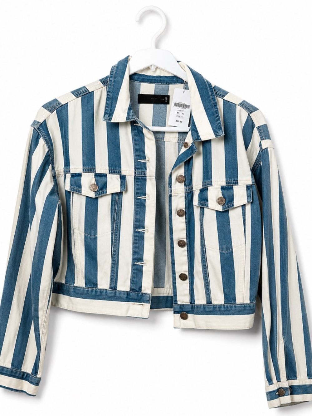 Forever 21 Striped Cropped Denim Jacket NWT Blue White Button Front Size S